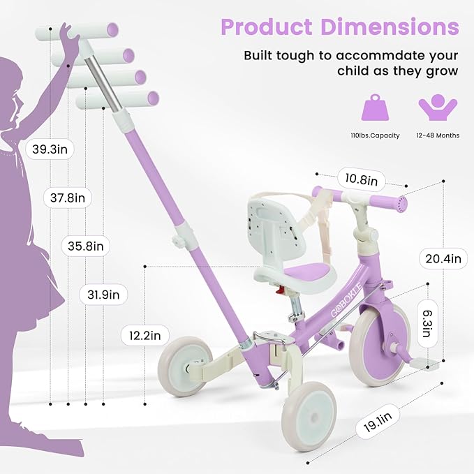 5-in-1 Tricycle for Toddlers 1-3, Convertible Toddler Bike with Push Handle & Removable Pedals, Balance Bike with Colorful Lighting Wheels, Adjustable Seat Height with Backrest (Purple)