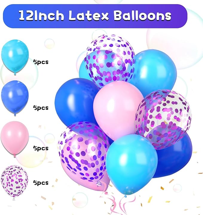 Purple Pink Blue Birthday Decorations,Girls Boys Party Decorations with Blue Pink Confetti Birthday Balloons Happy Birthday Banner Purple Fringe Curtain Tissue Paper Pompoms Star Garland