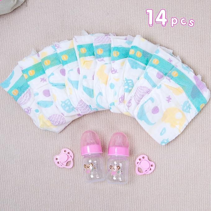 14 pcs Reborn Baby Doll Accessories with Feeding Set - Includes 10 Reborn Baby Doll Diaper , 2 Feeding Bottles and 2 Babydolls Pacifier Accessories