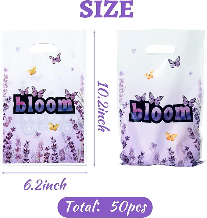 50Pcs Lavender Bloom Party Favor Bags - Blossom Purple Flower Plastic Waterproof Goodie Bag Butterfly Floral Spring Gift Party Favor for Kids Birthday Baby Shower Decoration Supplies
