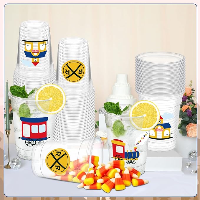 50Pcs Train Theme Party Cups, 12oz Train Plastic Cups for Birthday Party Supplies Table Decorations Favors