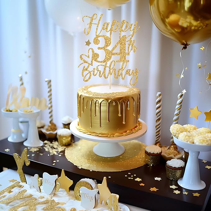 Happy 34th Birthday Cake Topper, 34th Birthday Decorations, Cheers to 34 Years, 34 Happy Birthday Party Supplies Gold Glitter