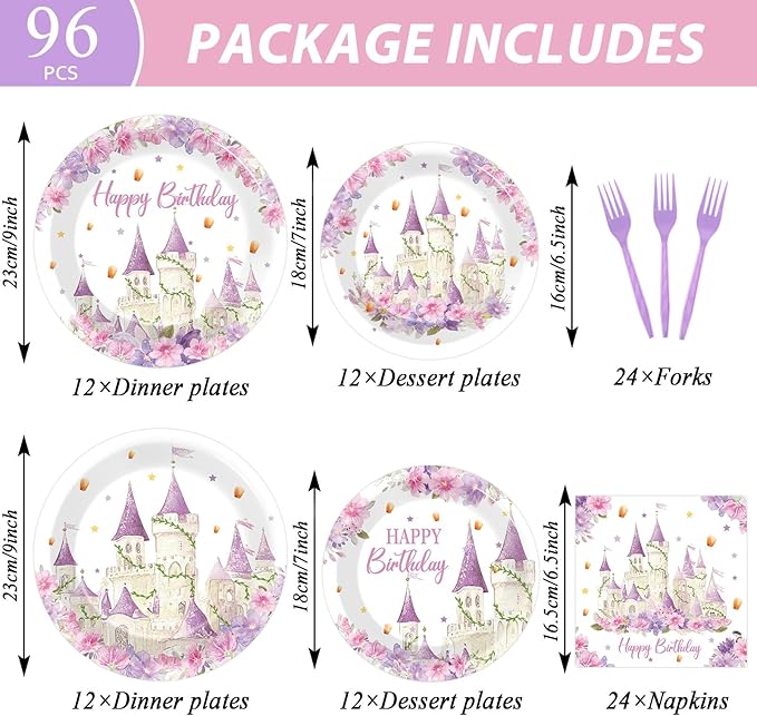 96Pcs Princess Birthday Party Supplies Purple Tower Castle Party Plates and Napkins Disposable Purple Princess Themed Tableware Set Fairytale Party Tableware for Girls Women Wedding Serves 24 Guests