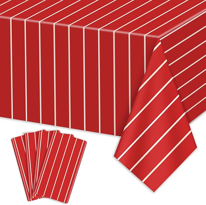 4 Pcs Plastic Baseball Tablecloths, Rectangle Red Stripe Table Cloth for Baseball Game Day Sports Theme Party Supplies, 51 x 86 Inches