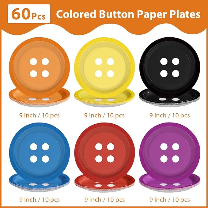60Pcs Button Paper Plates 9 Inch Heavy Duty Disposable Colorful Button Eyes Dessert Plates Horror Movie Theme Party Decorations for Kids Samhain Halloween Birthday Celebration Dinner Party Supplies
