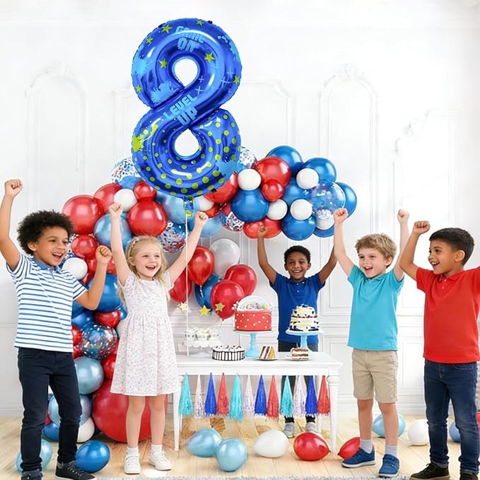 Video Game Birthday Party Decorations, 40inch Blue Video Game Number 8 Foil Balloon for Level Up Games Themed Birthday Party Supplies (8)