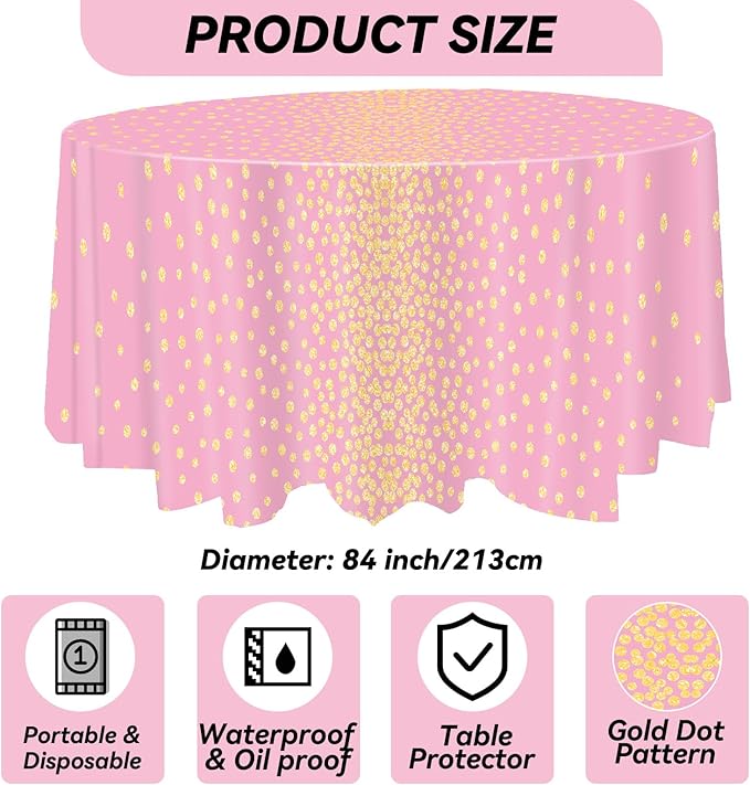 VitalCozy Round Dot Tablecloth 84 Inch Plastic Table Cover Polka Dot Confetti Tablecloths for Easter 2026 Graduation Prom Wedding Birthday Spring Party Supplies(Pink and Gold,3 Pcs)