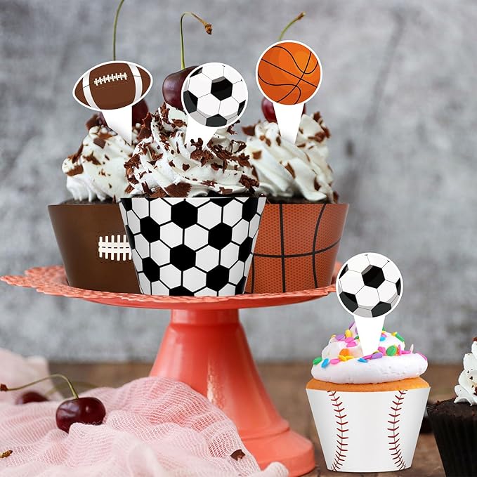 48 Pack Sports Balls Cupcake Toppers and Wrappers, Football Basketball Soccer Baseball Cake Decoration for Sport Theme Birthday Party Sports Game Day Party Supplies