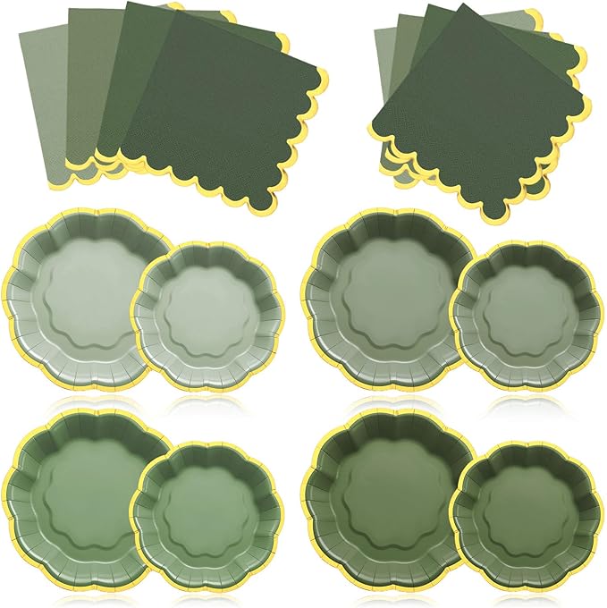 Vesici 144 Pcs Sage Green Party Plates with Napkins 9 Inch 7 Inch Paper Plates and Disposable Napkins with Gold Foil Border for Tea Birthday Bridal Baby Shower Wedding Party Supplies