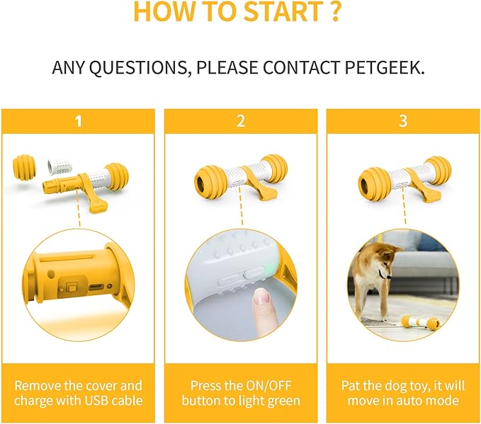 PETGEEK Interactive Dog Toys, Motion Activated Electronic Dog Toy Interactive Dog Bone Toys for Medium Large Dogs, USB Rechargeable Automatic Dog Toy for Boredom and Stimulating (Yellow)