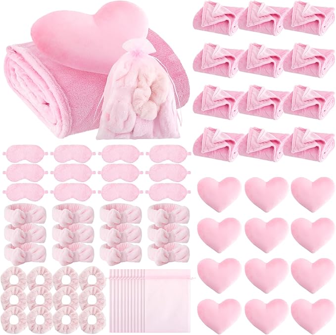 72 Pcs Sleepover Party Supplies for Girl Spa Slumber Birthday Favors Throw Blanket Pillow Eye Mask Headband Scrunchies (Solid Color,Pink)