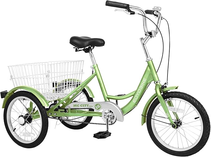 MOPHOTO 16 Inch Small Tricycle for Beginner Riders, Low Step-Through 3 Wheel Bike, Single Speed Trike with Hand Brakes, Adjustable Seat and Rear Basket, Fits Heights 3'9" to 4'9"