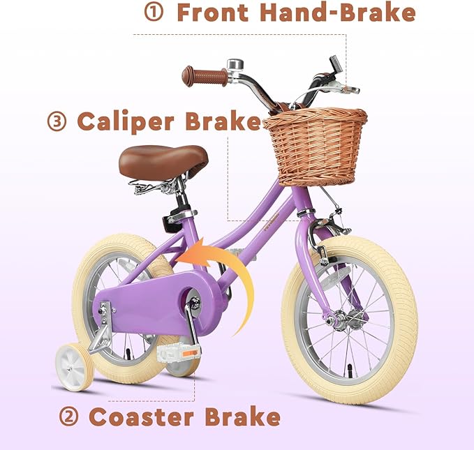 Petimini Vintage Kids Bike for Girls, 12–20 Inch Classic Bicycle with Wicker Basket & Bell, High Tensile Steel Frame, Training Wheels (12–18”), 85% Pre-Assembled, Retro Bike for Outdoor Riding