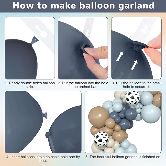 Amandir 153pcs Cowboy Balloon Arch Garland Kit, Different Sizes 18 12 10 5inch Dusty Blue Brown Sand White Cow Print Balloons for Cowboy Shower Rodeo Farm Western Theme Birthday Party Decoration