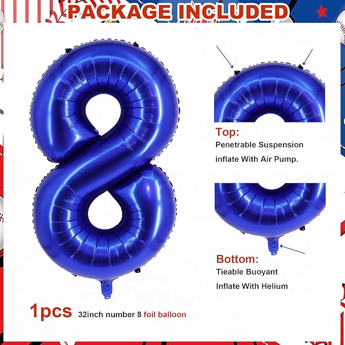 Baseball Birthday Party Balloons, 32 Inch Navy Blue Foil Number 8 Balloon, Baseball Glove Foil Balloon, Red Blue Star Confetti Balloon for 8th Birthday Sports Theme Party Supplies
