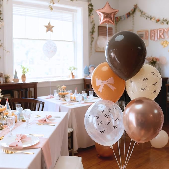 Brown Bow Balloons, 50pcs 12 Inch Dark Coffee Tan Metallic Gold Nude Sand White Clear Neutral Bow Print Balloons for Girl Women Brown Birthday Bow Theme Party Baby Shower Wedding Engagement Decoration