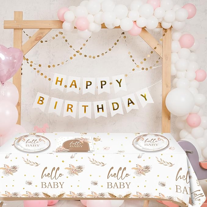 41Pcs Boho Baby Shower Decorations Bohemian Floral Pampas Grass Theme Tableware Neutral Birthday Decorations Boho Flower Paper Plates Napkins Tablecloth丨Boy Girl Birthday Baby Shower Party,Serves 20
