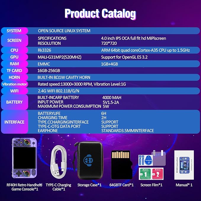 RF40H Handheld Game Console, 4.0" Retro Gaming Console Preloaded 20,000+ Classic Games, Open Source Linux System, Support WiFi Online Play, Portable Pocket Hand Held Video Game (Transparent Purple)