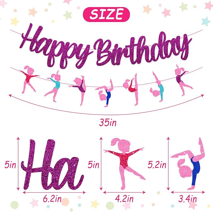 Gymnastics Birthday Banner Gymnast Theme Decoration Glitter Purple Happy Birthday Garland for Girl Gymnastics Bday Party Supplies