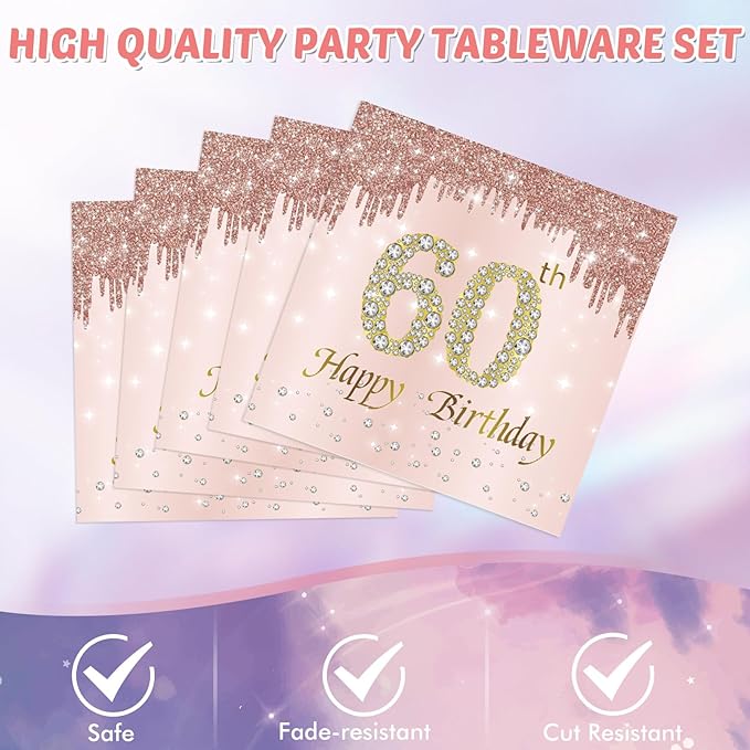 60th Birthday Decorations For Women,Rose Gold 60 Birthday Disposable Paper Plates and Napkins,60th Birthday Tablecloth Tableware Kit For 1966 Party 60 Years Old Birthday Decorations,20 Guests