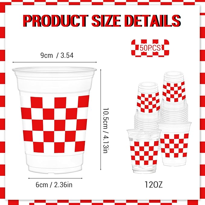 50Pcs Red and White Checkered Cups, 12oz Red Checkered Disposable Clear Plastic Cups Gingham Party Cup for Wedding Valentines Home Supplies Birthday Party Decorations