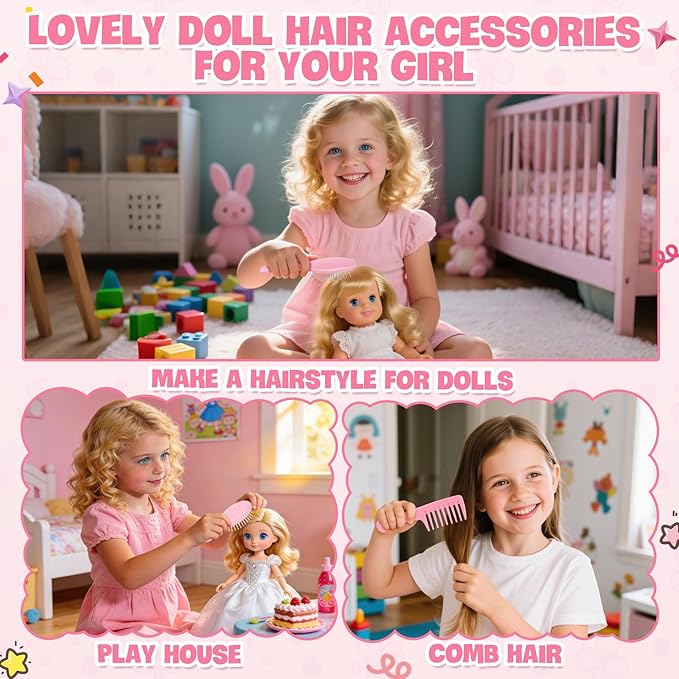 3 Pieces Doll Wig Brush Set with Wide-Tooth Comb, Steel Needle Brush and Nylon Brush, Styling Accessories for 18 Inch Dolls (Light Pink)