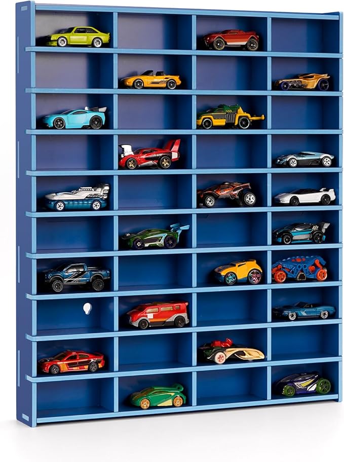 Toy Car Display Shelf, Holds 40 Diecast 1/64 Toy Cars, Wall Mount Model Car Storage Organize Case, Blue
