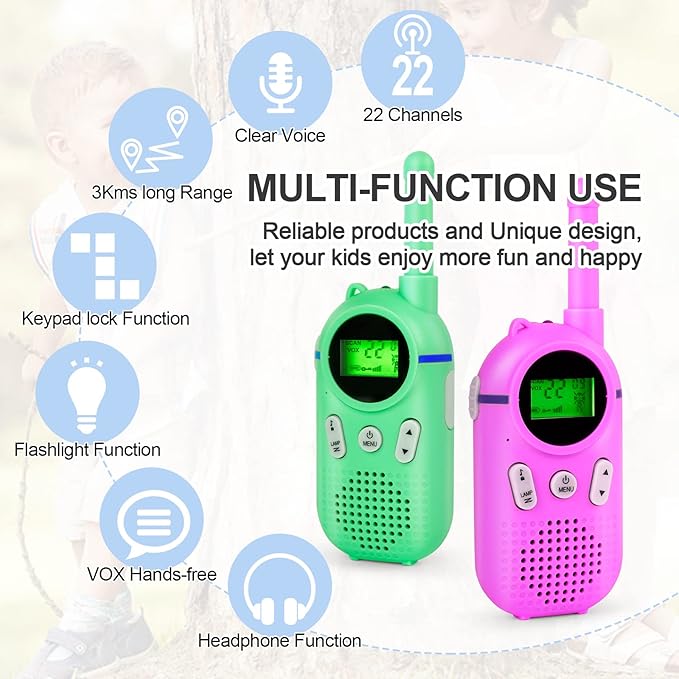 Walkie Talkies for Kids Rechargeable 3 Pack, Providing 48hrs Working Time and Long Range of 3KMs, Best Gift for Kids Aged 3-12 Years (Blue+Green+Purple)
