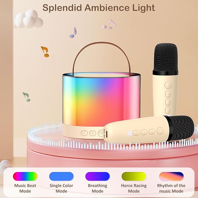 JYX Mini Karaoke Machine for Kids Adults, Portable Bluetooth Speaker with 2 Microphones, Support TF/AUX Input/4 Funny Magic Voice (Ivory White-2 Mic)