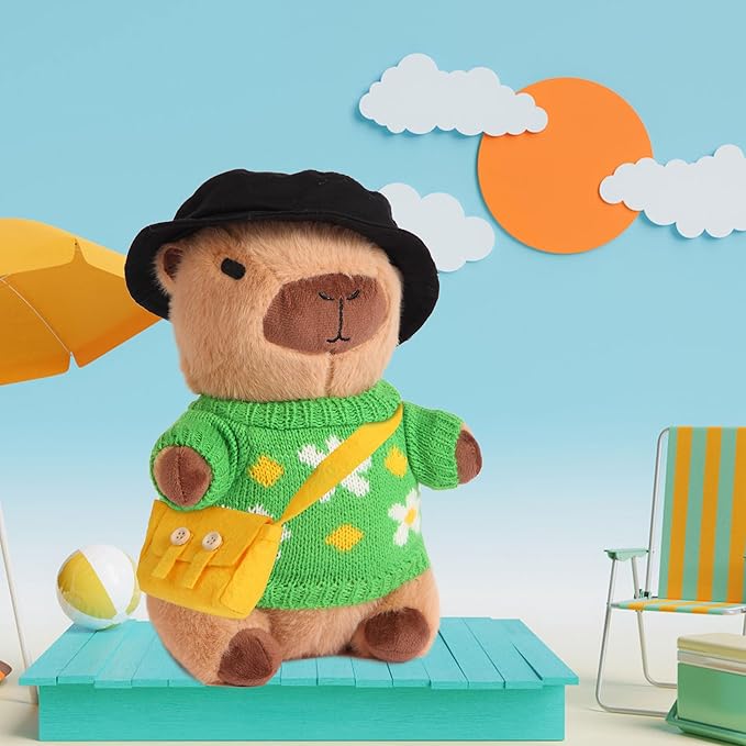 Cute Capybara Plush with 9 pcs Clothes & Accessories, Soft Capybara Stuffed Animal Capybara Plush Toy, Dress Up Kawaii Capybara Plushies Birthday Gifts for Kids Boys Girls 10.2 inch
