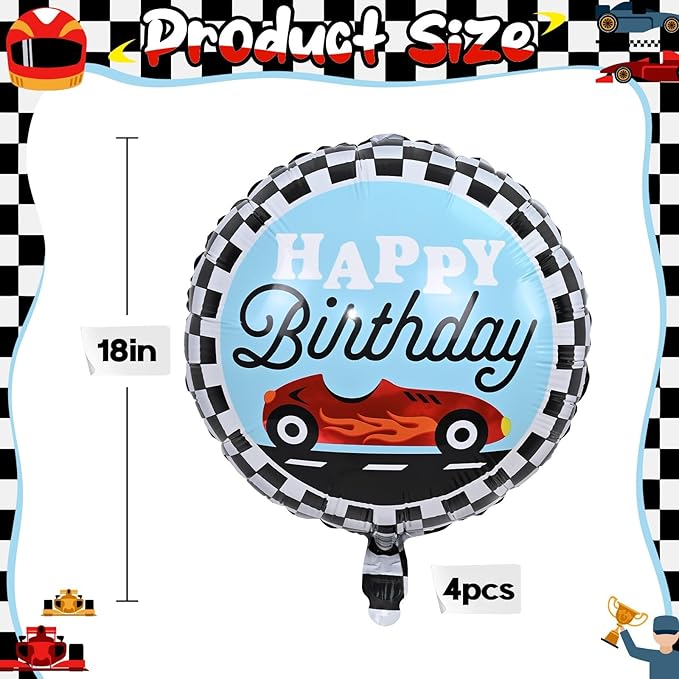 18 Inch Race Car Happy Birthday Balloons, 4pcs Black and White Checkered Racecar Foil Round Balloon, Two Fast One Birthday Decor for Kids Boys Racing Car Driver Monster Truck Theme Party Decorations