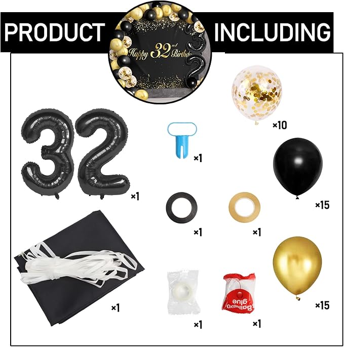 Happy 32nd Birthday Balloons Black Set Decor - Cheers to 32 Years Old Party Theme Garland Banner Backdrop Decorations For Women and Men Supplies