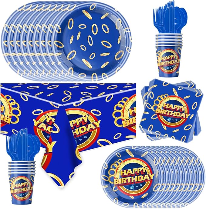 81Pcs Cartoon Blue Hedgehog Birthday Party Supplies,Blue Hedgehog Set Tableware Plates Napkins Cups Knives Spoons Forks