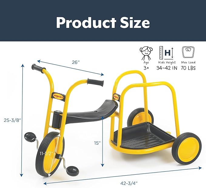 Angeles MyRider Kids Tricycle, Toddler Tricycle with Solid Airless Rubber Tires, Kids Bike for Preschools and Daycare, Chariot Bike for Ages 3+, 15" Tall Seat
