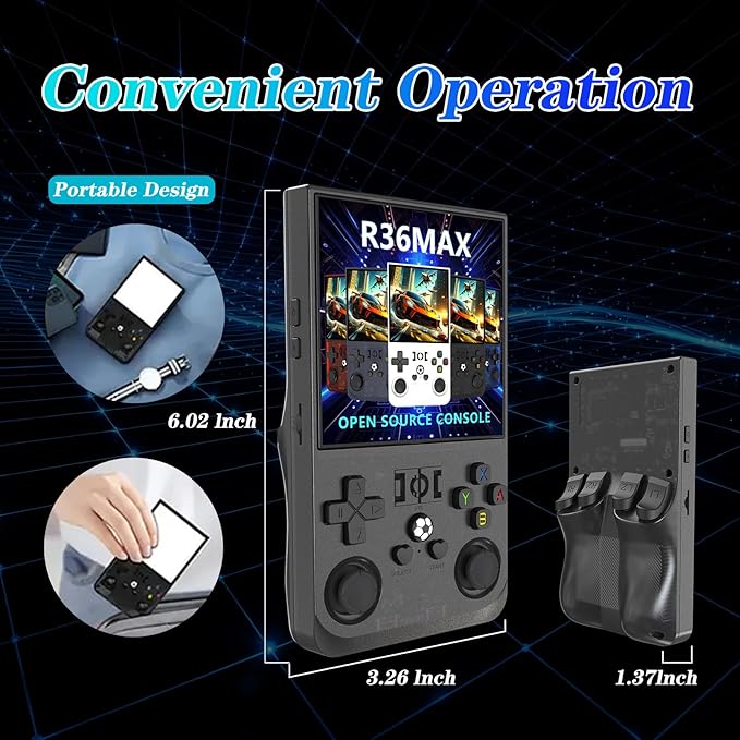 R36MAX 4000mAh Portable Rechargeable Handheld Retro Game Console,Comfort Non-Slip Handheld Standing Retro Game Console with 64G TF Car,4.0-inch Screen,for Office,Black