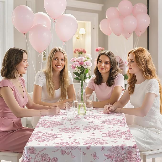 6 Pack Pink Floral Plastic Tablecloths, 54 X 108Inch Tea Party Tablecloth Disposable Vintage Table Cloth Pink and White Porcelain Tables Decor for Easter Mother's Day Birthday Garden Wedding Tea Party