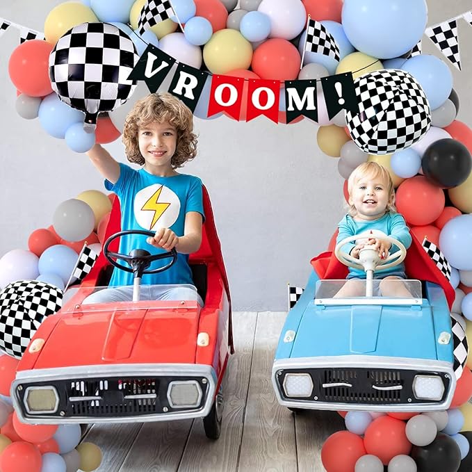 Race Balloon Garland Arch Kit Pastel Coral Gray Yellow Baby Blue Black White Balloons with Checkered Foil Balloons Tablecloth Flag Banner for Car Sports Birthday Baby Shower Decorations Party Supplies