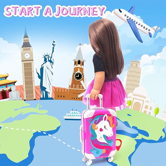 American 18 Inch Doll Accessories Travel Set Including Suitcase Luggage and Dress, Camera Computer Phone Neck Pillow Sunglasses Dolls Travel Gear Play Set Gift for Birthday (NO Doll)