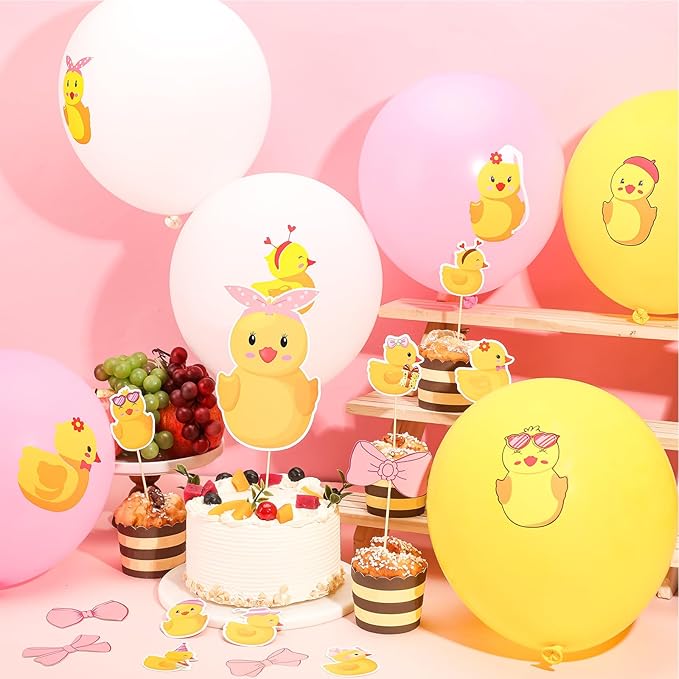 Leitee 57 Pcs Pink Duck Birthday Decorations Balloons Party Happy Birthday Banner Cake Topper Cupcake Toppers Rubber Duck Decor for Birthdays Party Supplies