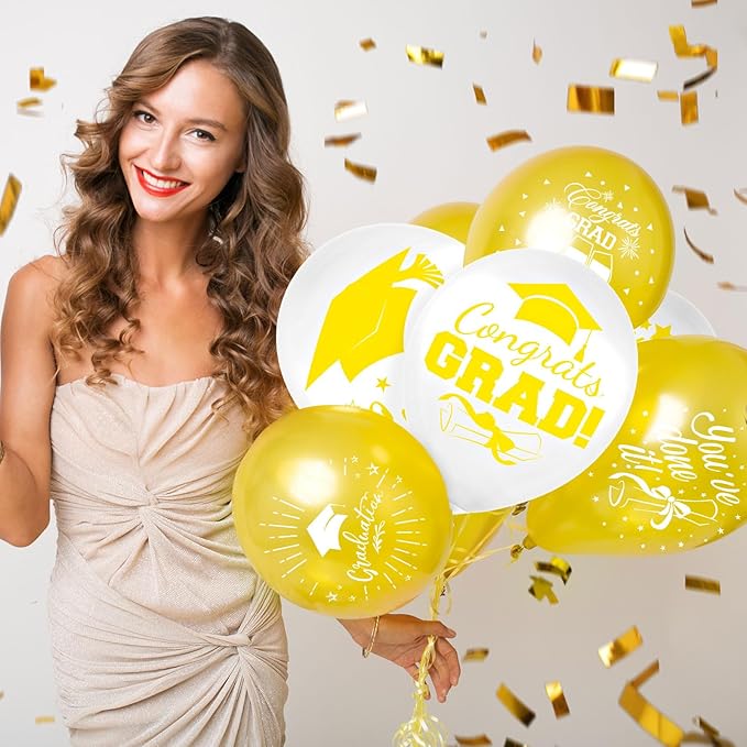 Whaline 60Pcs Graduation Party Balloon Set 7 Designs Confetti Latex Balloon with 2 Rolls Ribbon Class of 2025 Grad Cap Congrats Grad Balloon for Graduation Party Decoration Supplies (Yellow, White)