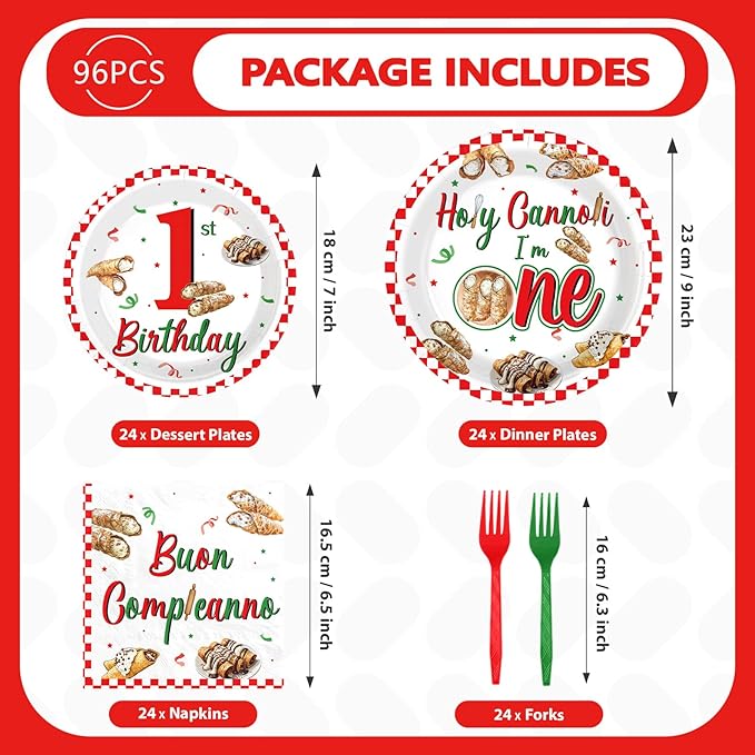 96Pcs Cannoli 1st Birthday Decorations Holy Cannoli I’m One Plates and Napkins Tableware Sets for Italian Pizza Food Theme Italy Baby Shower 1 Year Old Birthday Supplies Serves 24