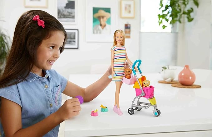 Barbie Dogwalking Doll & Accessories, Stroll & Play Pups Playset with Transforming Stroller, 2 Pets & Handbag, Blonde Doll