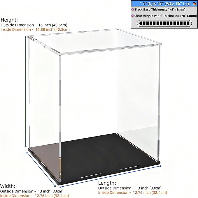 Acrylic Display Case, Clear Collectible Display Box with Matte Black Base, Dustproof Acrylic Showcase, Easy Self Assembly Storage Cases for Art Figurine, Trophy and Action Figures, 13 x 13 x 16 inch