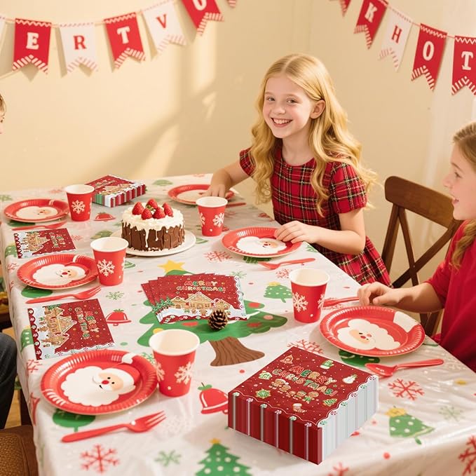 100Pcs Christmas Gingerbread Napkins, 13 x 13inch Snowflakes Xmas Luncheon Paper Napkin Red Santa Party Napkins for New Year Winter Holiday Christmas Party Supplies