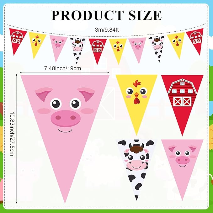 HESTYA 5 Pack 49 Ft Farm Animals Birthday Banner Pre-Strung Red Gingham Barnyard Decorations Cartoon Pig Cow Chick Triangle Flags Bunting Garland for Baby Shower Farmhouse Birthday Party Supplies