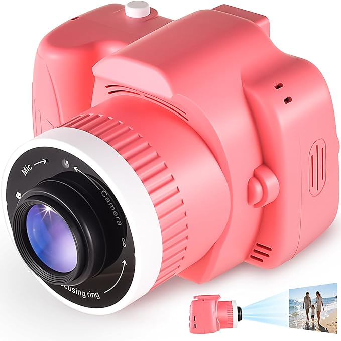 Kids Digital Camera with Video Games, Digital Camera for Kids Fhd 1080P, Kids Video Camera Digital Camcorder with Projector Stent for Gifts Pink