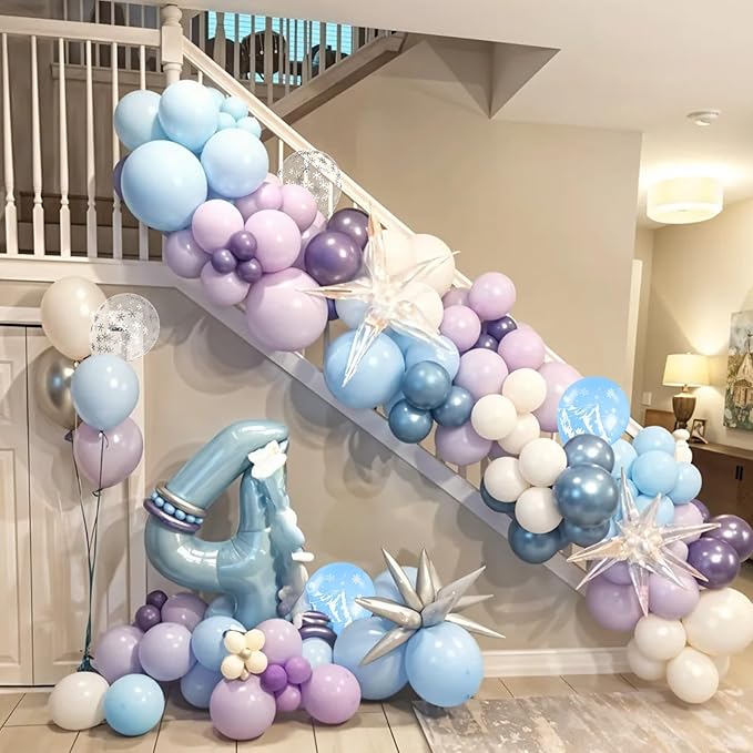 Frozen Balloons, 50Pcs 12 Inch Light Macaron Blue Pearl Purple Metallic Blue Purple Clear Snowflake Birthday Balloons for Girls Frozen Birthday Party Decorations Winter Baby Shower Snow Backdrop