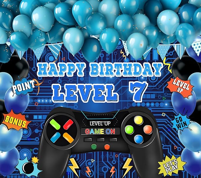 Game Theme Level 7 Birthday Backdrop Video Game Happy 7th Birthday Party Decorations Level Up Theme Boys Kids Birthday Party Supplies(7×5FT)