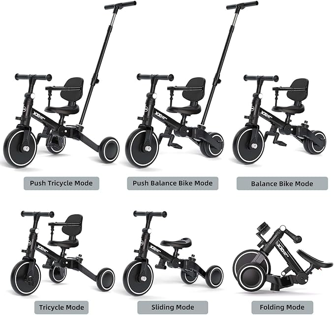 XJD Toddler Bike, 6 in 1 Folding Toddler Tricycle for 1-4 Year Old with Parental Control Handle, Balance Bike with Removable Pedal, Backrest, Adjustable Seat Height, First Birthday Gifts (Black)