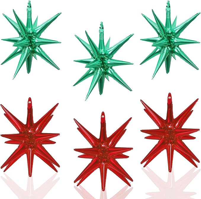 6 Pcs Star Foil Balloons One-Piece 14-Pointed Star Balloon 4D Starburst Cone Mylar Balloon 22inch Christmas Birthday Wedding Wedding Anniversary Party Supplies (Red + Green)